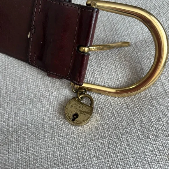 Ralph Lauren Brown Leather wide Belt with Gold Buckle and padlock charm - Picture 2 of 6
